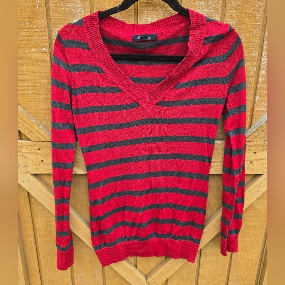 Red and Black Striped V-Neck Sweater